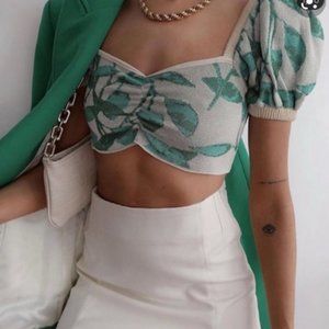 Zara Green Leaf Print Crop Top Size M